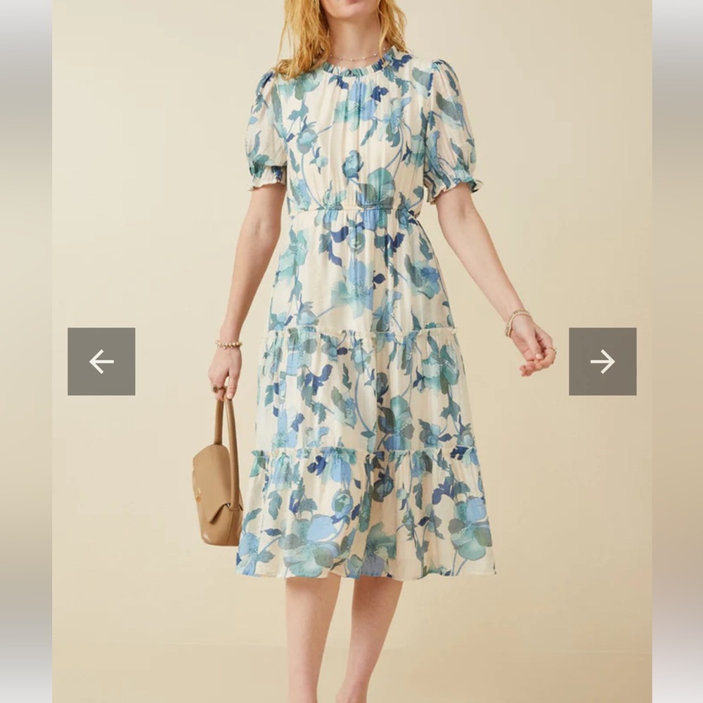 Womens Textured Floral Ruffle Neck Short Sleeve Dress